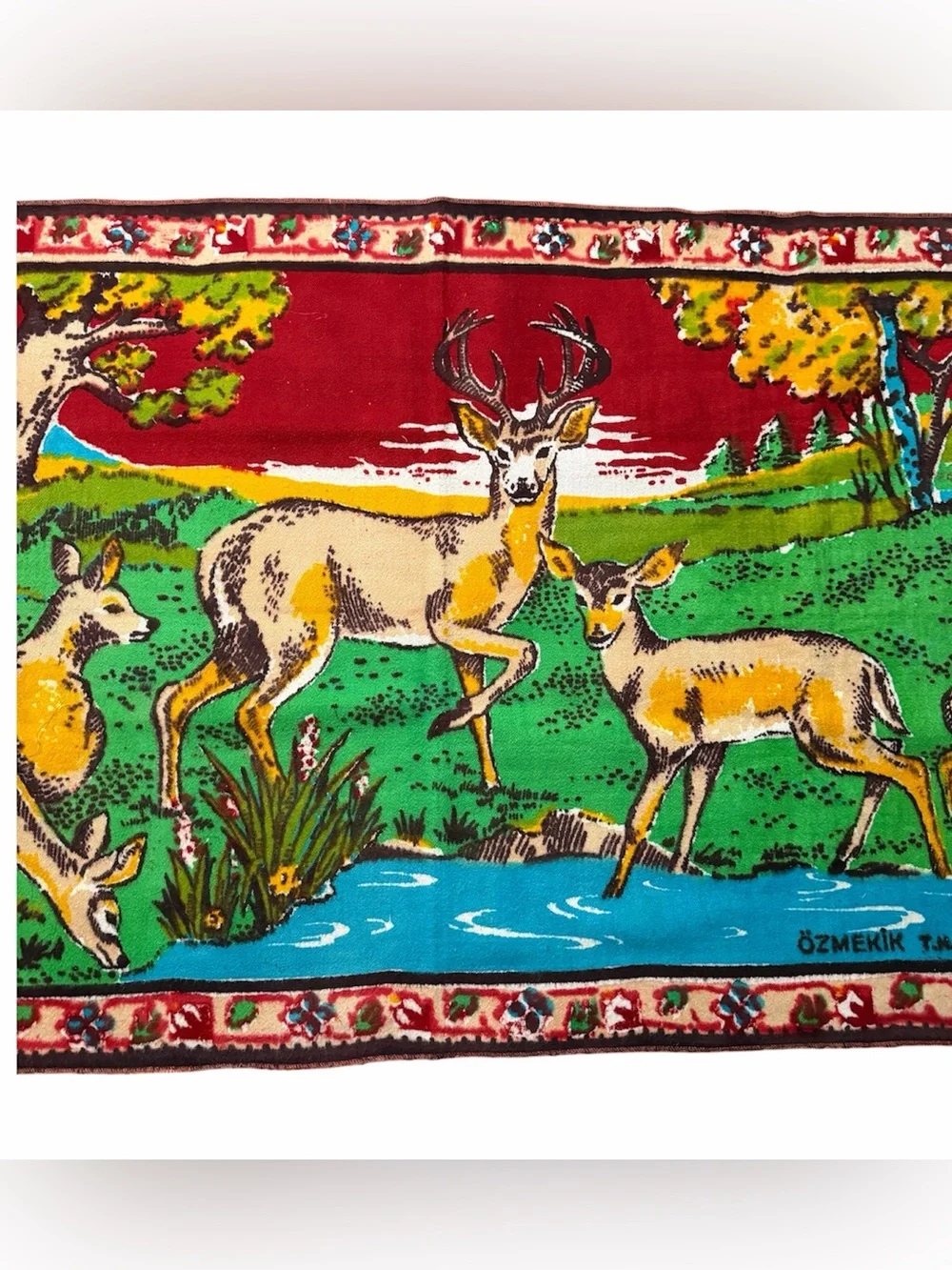 Vintage Ozmekik T.K. Deer Tapestry Wall Hanging Rug Fringe 50” x 27” Colorful